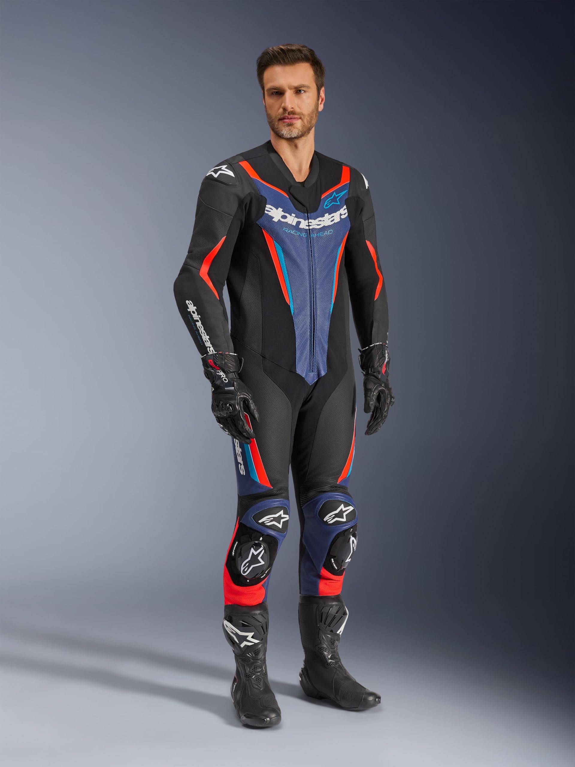 Alpinestars GP Force V2 Tuta in pelle da motociclista in un pezzo, nero/blu/rosso, 52