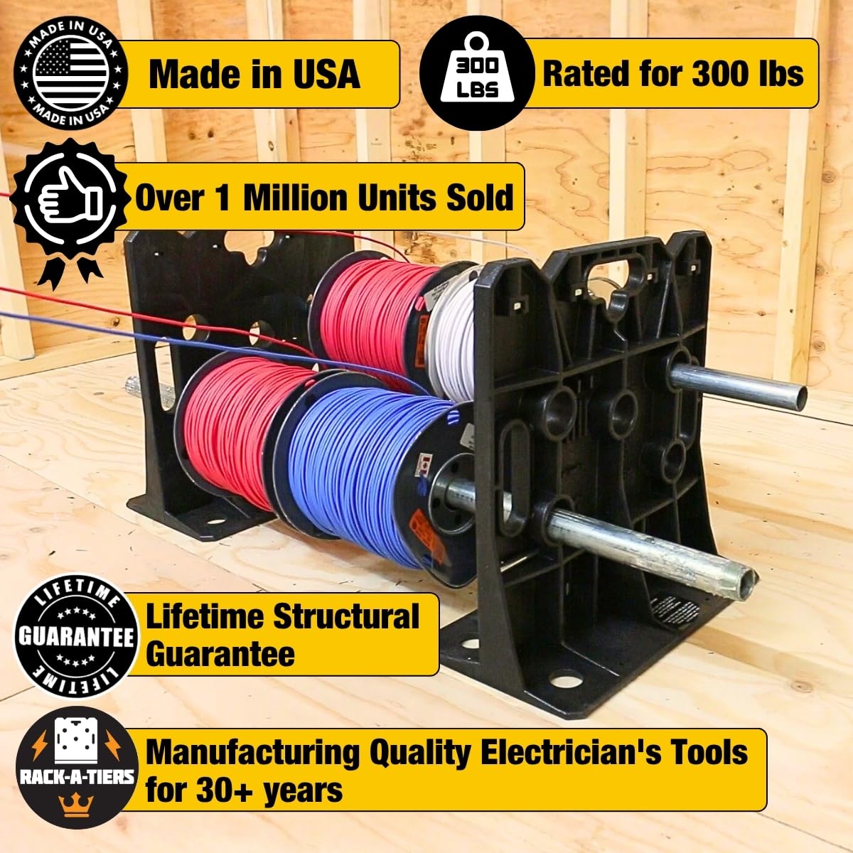 Rack-A-Tiers Dispensador de cables multiusos 2.0, estante de alambre eléctrico, organizador de carrete de alambre (11480)