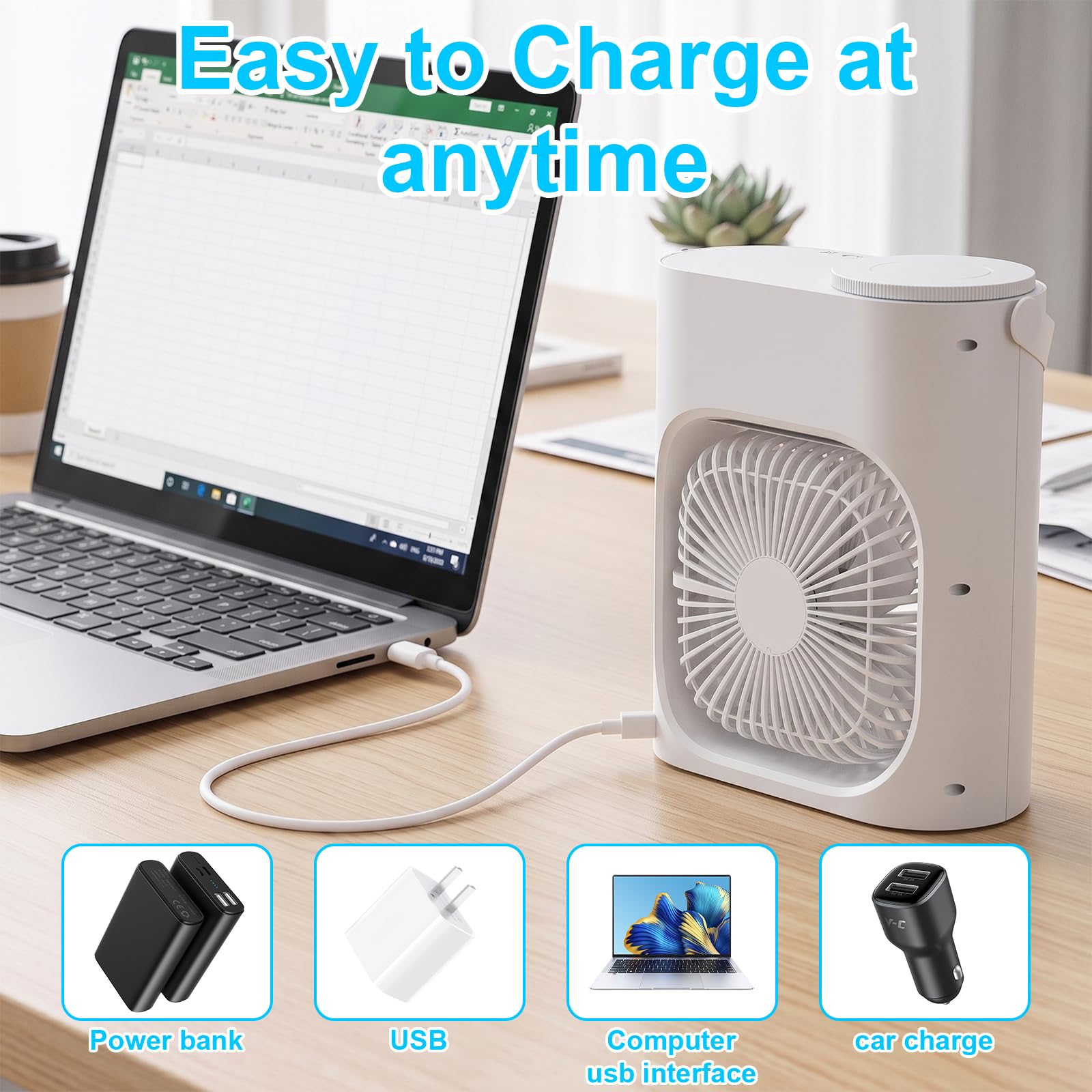 Condizionatore Portatile Silenzioso con 900ml,USB Mini Climatizzatore Evaporativo Ventilatore con 3 Velocità,Raffreddatore D'aria Luci LED & Risparmio EnergeticoIdeale per Spazi Piccoli(Blanco)