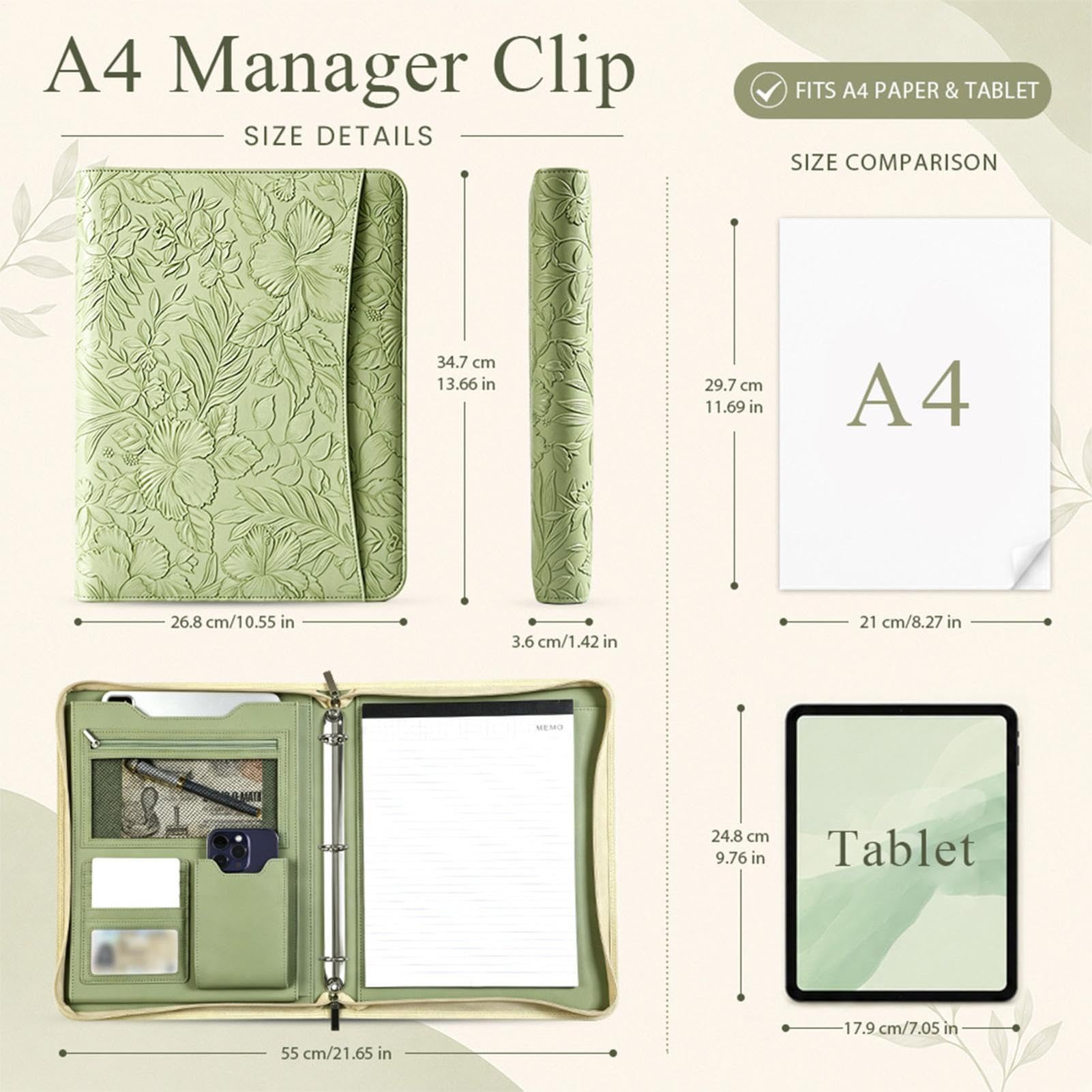 Carpeta A4 de piel sintética, 34,7 x 26,8 x 3,6 cm, con cremallera