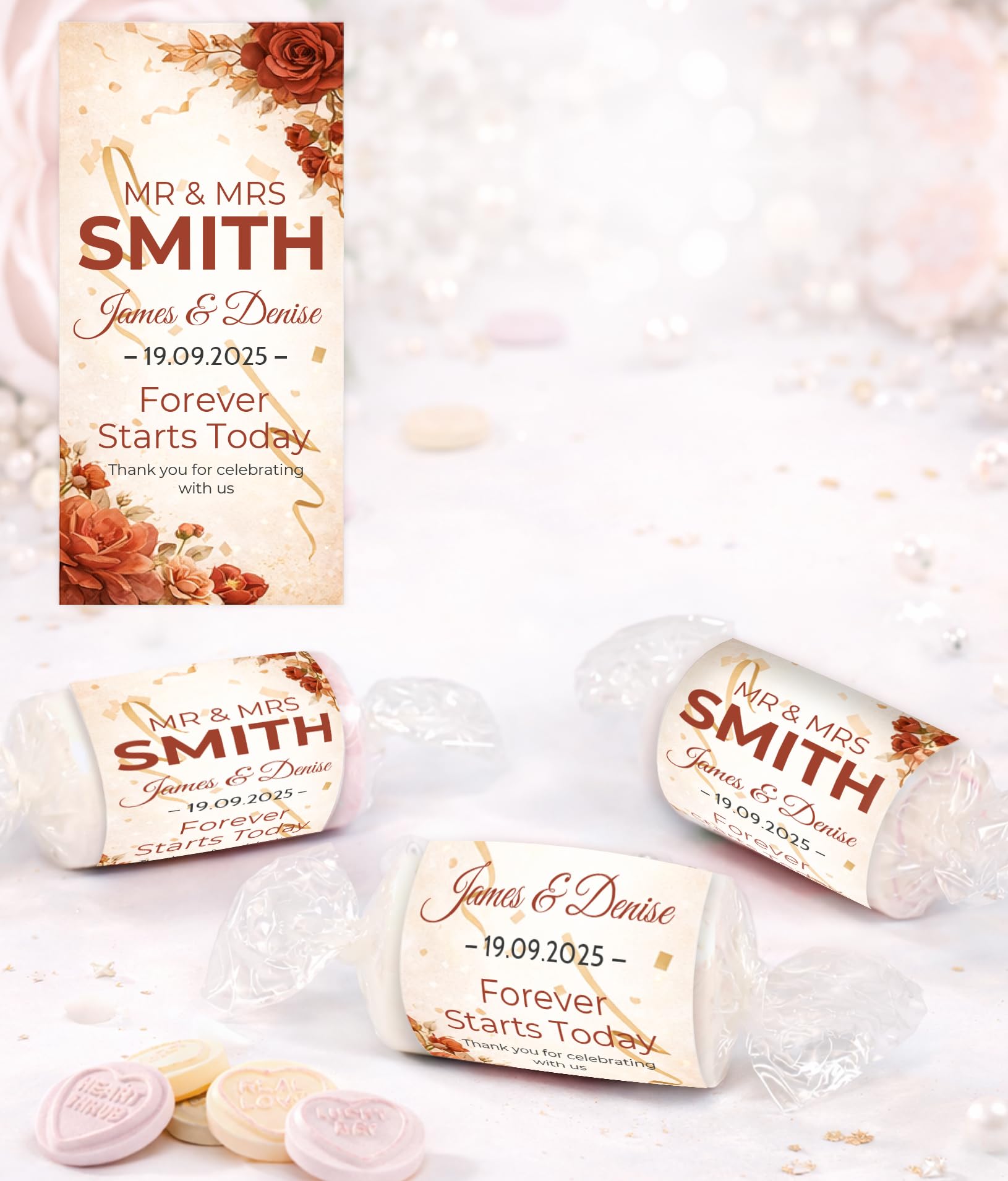 Personalised Wedding Favours Love Hearts, Custom Wrapped Wedding Sweets, Forever Starts Today, Mr & Mrs Favours UK (Terracotta)