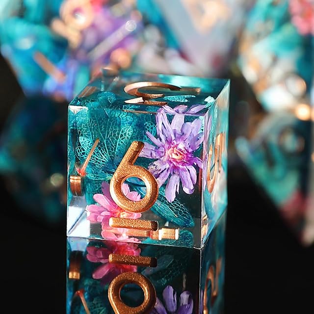 Flor DND Dados de rol Juego Dado Poliédrico y de rol Borde Afilado de Resina Dado D&D 7 Piezas para Mazmorras…