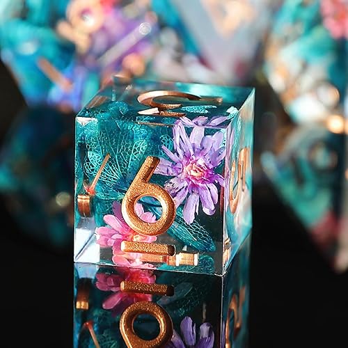 DND Würfel Set 7pcs Blume D4 D6 D8 D10 D% D12 D20 Handgefertigt Kunstharz Scharfkantige D&D Würfel für Dungeons und Dragons Pathfinder Rollenspiele Tischspiele RPG MTG Spiele mit Geschenkbox - Blue Leaf