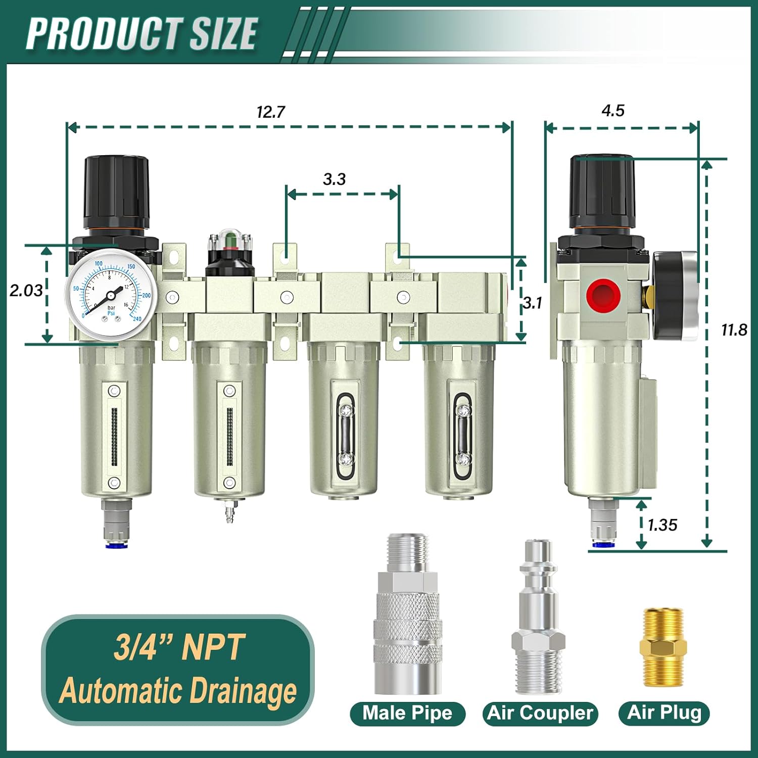 Industrial Grade 4-Stage Air Drying System, 3/4" NPT with Auto Drain, desiccant dryer, air regulator, Particulate Filter and Coalescing Filter for for Paint Spray， Plasma Cutter