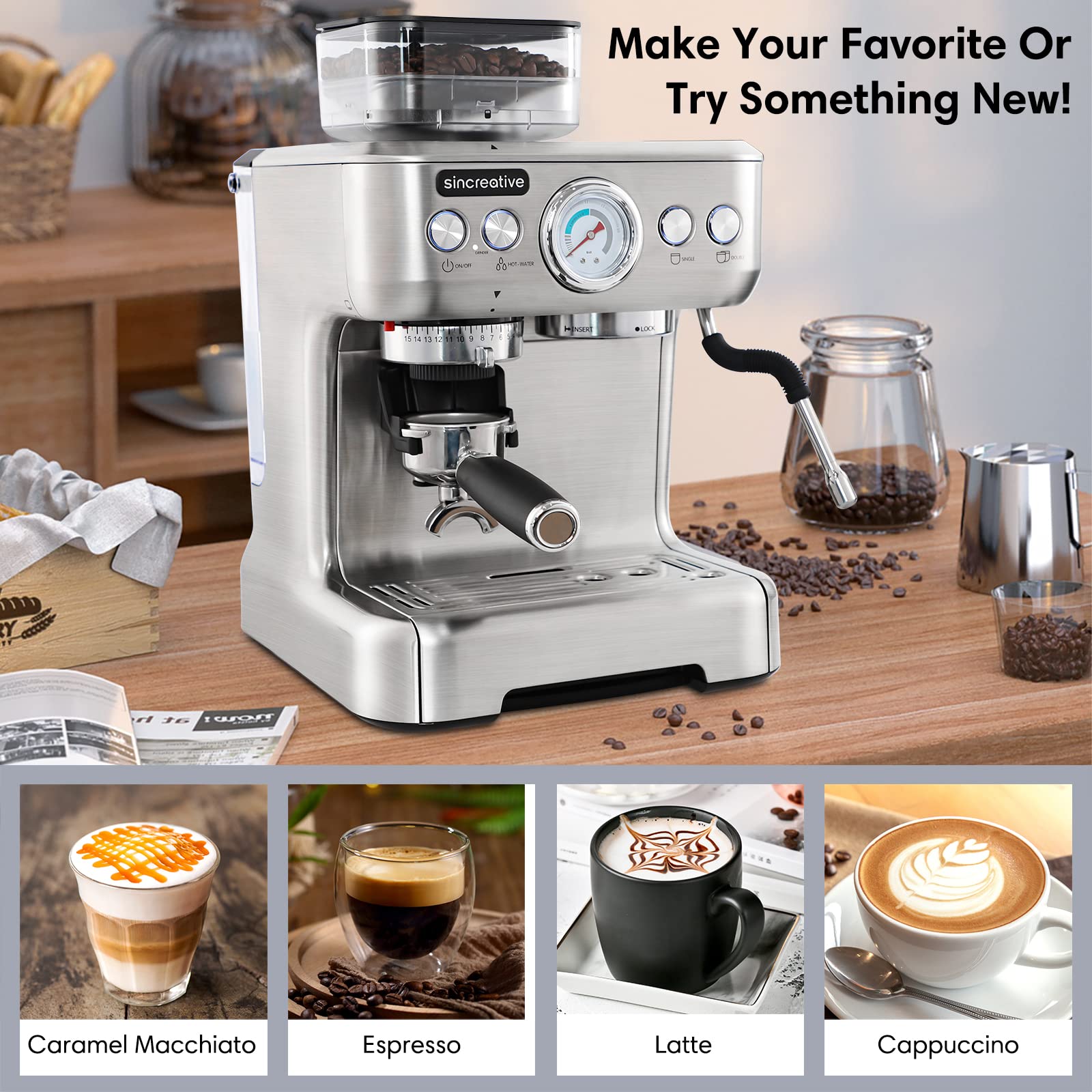 Sincreative Espresso Machine & Coffee Maker 20Bar Semi Automatic