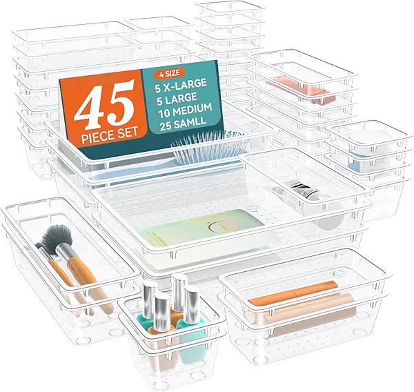 SpaceTrove 45 PCS Clear Plastic Drawer Organizers Set, 4-Size Versatile Bathroom and Vanity Drawer Organizer Trays, Storage Bins for Makeup, Bedroom, Kitchen Gadgets Utensils and Office