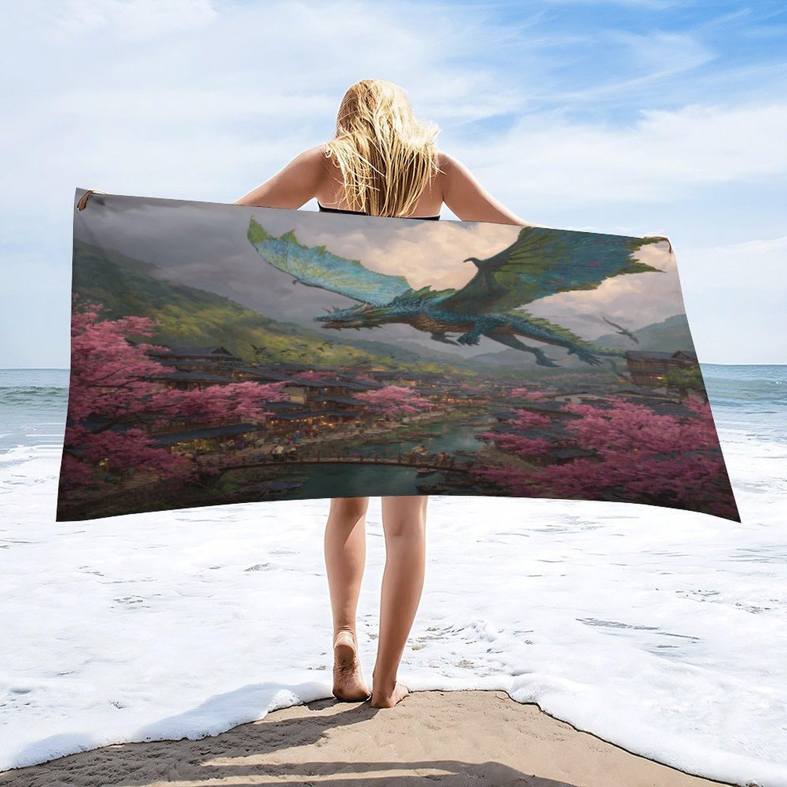 Luyysky Rustic Vintage Cool Dragon Absorbent Beach Towel, Watercolor Japanese Cherry Blossoms Mythical Animal Western Dragon Outdoor Single-Sided Velvet Beach Towel-80 W Cm X 160" L Cm