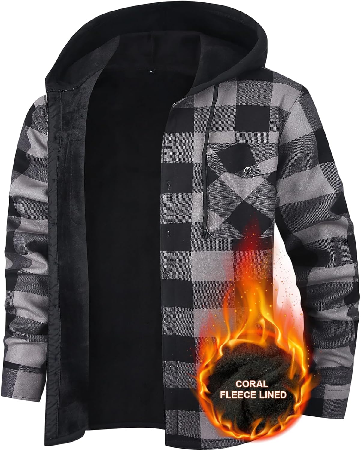 Mens Flannel Plaid Coral Fleece Lined Hooded Shirt Jacket Casual Long Sleeve Button Down Hoodie with Pockets - Image 2