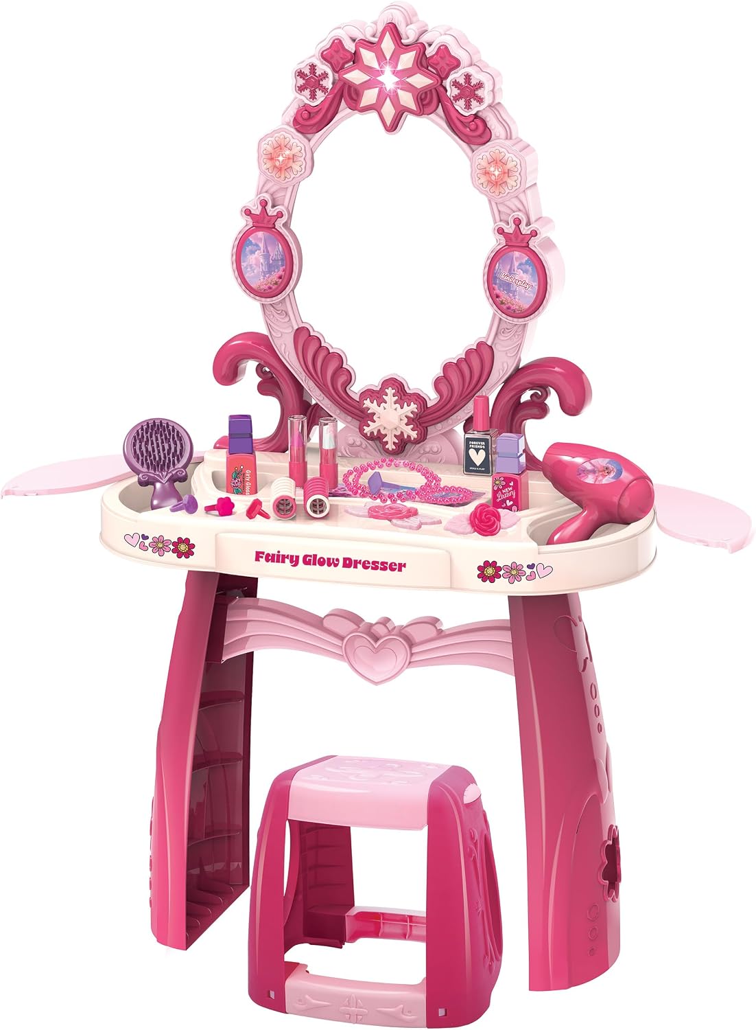 Kinderplay Fairy Glow Dresser toaletka dla dzieci z oświetleniem i dźwiękiem – zabawka dla dziewczynek od 3 lat – zestaw do makijażu dla dzieci z lustrem i 32 akcesoriami