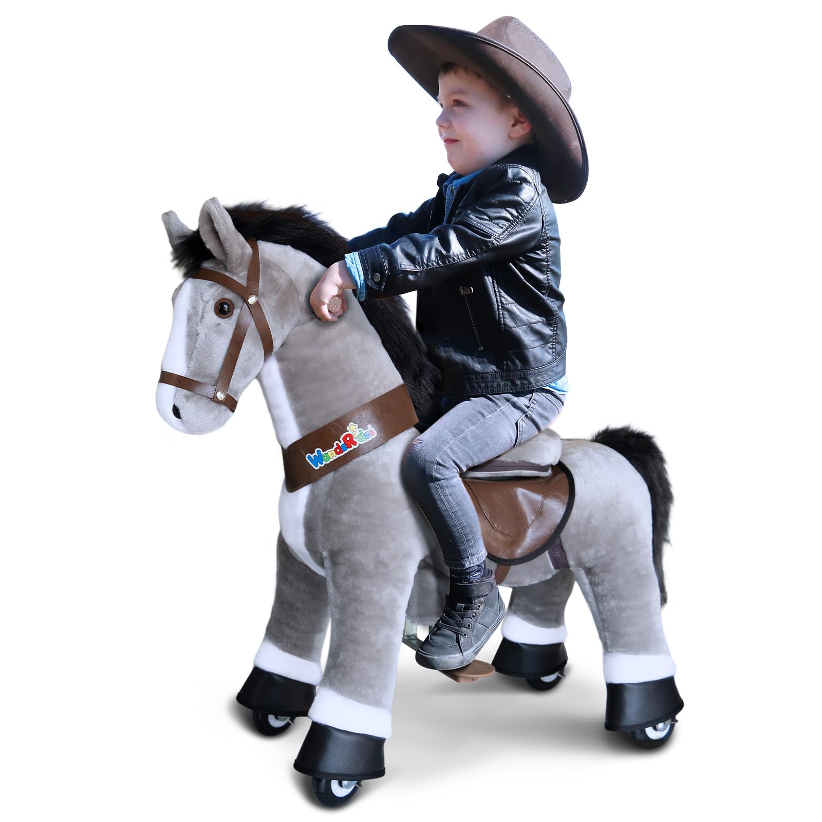 WondeRidesRide on Horse Pony Grey Riding Horse Toys Pony Rider, 30.1 inch Height Plush Walking Animal Mechanical Rocking Horse with Wheels No Battery Size 3 for Kids Age 3-4