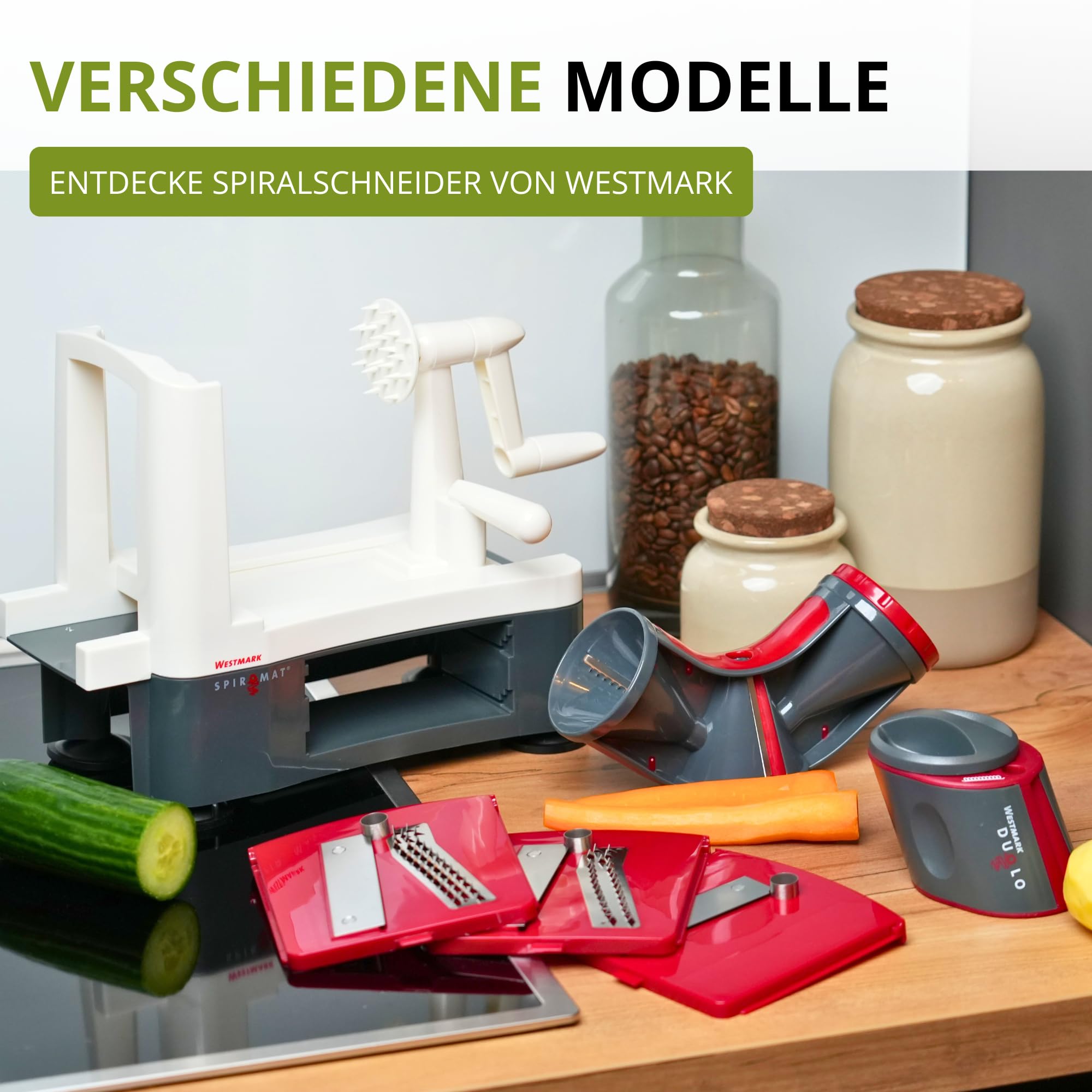 Westmark Spiralschneider im Set mit Sparschäler für Gemüsenudeln, Zoodles und Obstspiralen, Gemüseschneider mit 3 Schneideinsätzen Spiromat und Kartoffelschäler Gallant, 113322E6