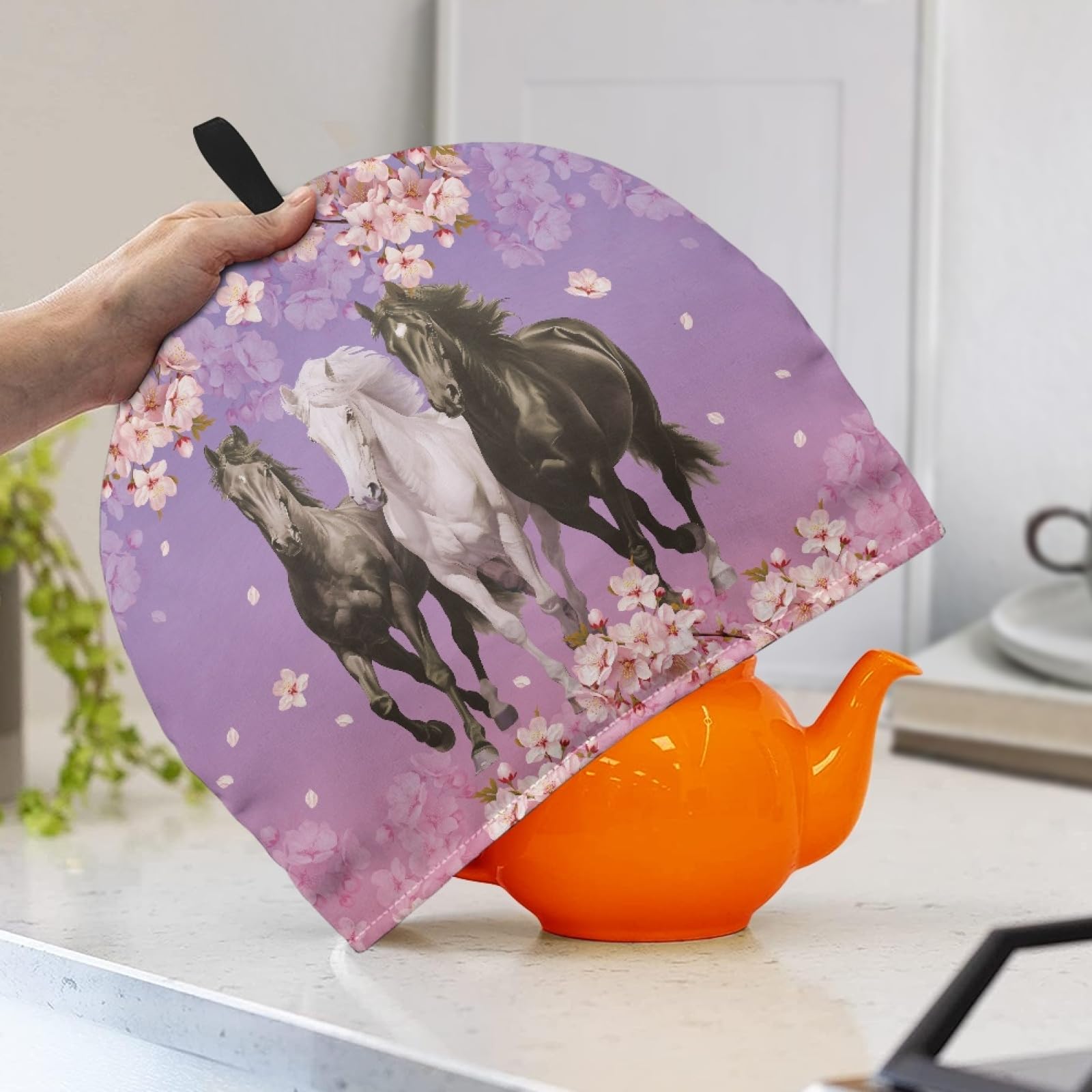 SCRAWLGOD Running Horse Sakura Tea Cozy Insulated Tea Cosy Washable Teapot Cover Kitchen Teapot Covers Breakfast Coffee Kettle Cozies for Women Afternoon Tea Party