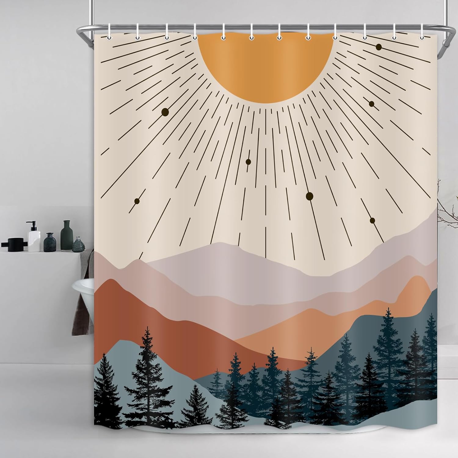 Mid Century Shower Curtain, Abstract Moutain Shower Curtain Sets Boho Sunset Bathroom Curtain, Waterproof Boho Minimalist Bath Curtain Decor with 12 Hooks 72X84 Inch