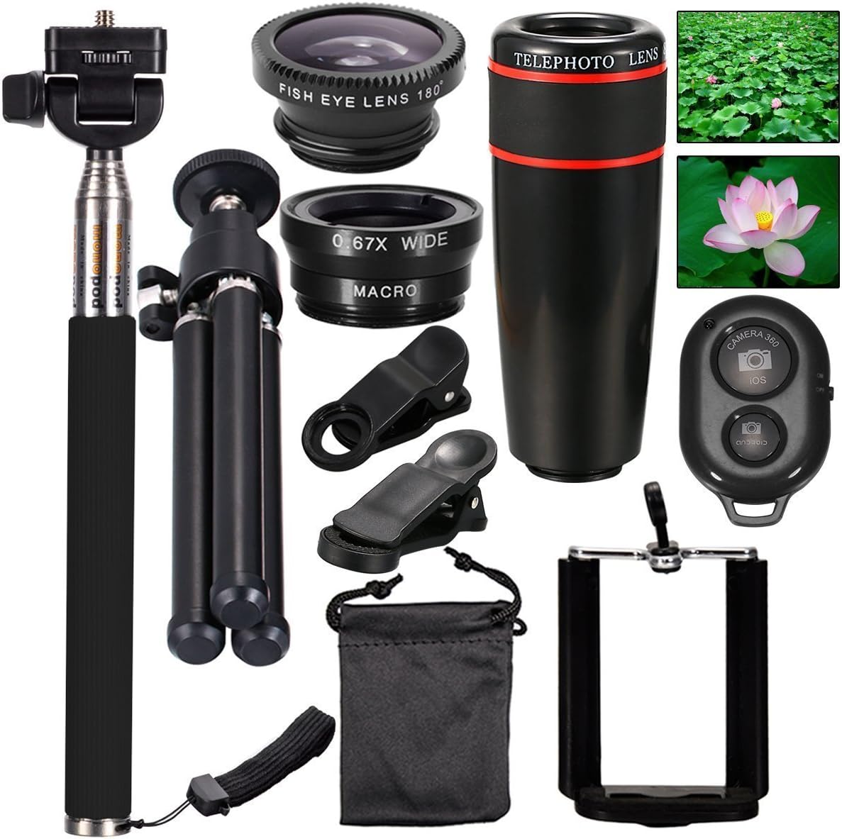 Phones Lens Kit 10 in 1 Objectives iphone Sincewe, 8x Telephoto Lens Smartphone / Fisheye Lens / Objective 2 in 1 Macro and Wide Angle, Stick Selfies Bluetooth 3.0, Mini Tripod for iPhone 4S, 5, 5C, 5S y 6 6S, Galaxy S3, S4, S5, S6 S7, Samsung Gaalxy notes 2 3 4, HTC, Nokia and Other Smartphone