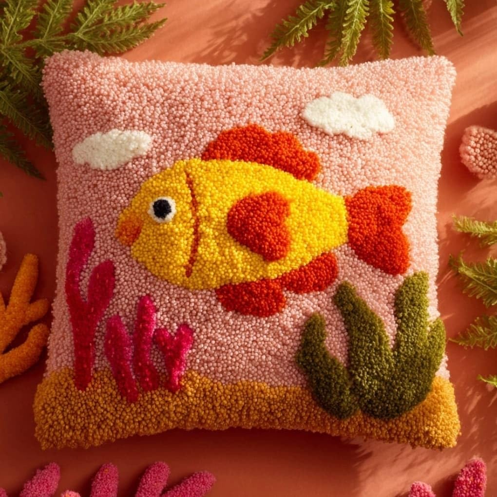 WallustrioaW Latch Hook Pillow Kit -Coral Fish 43X43Cm Embroidery Art Craft Kit All Ages Unisex