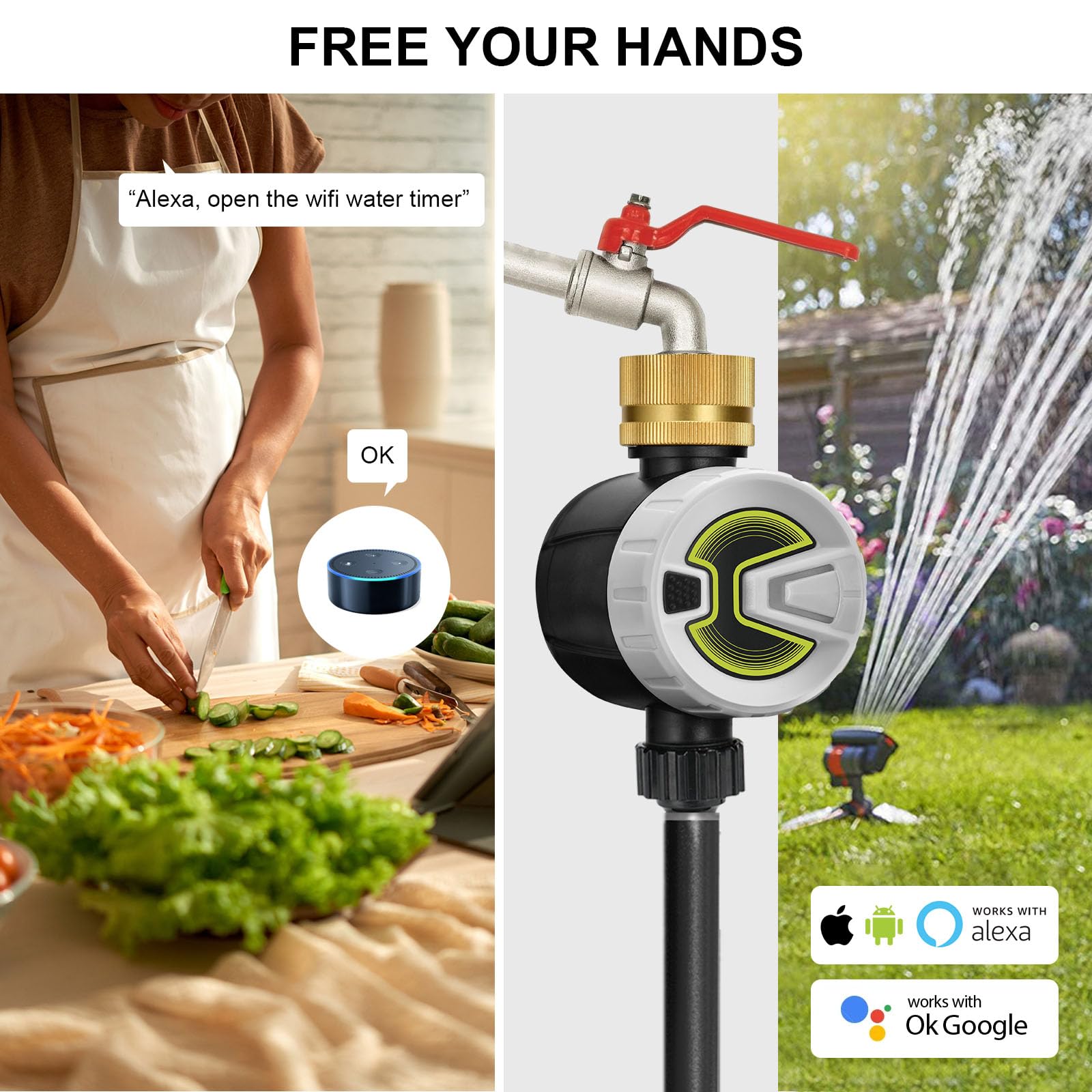 Computer di irrigazione WiFi con ingresso acqua in ottone, controllo app tramite WiFi 2,4 GHz e Bluetooth, ritardo delle precipitazioni, computer di irrigazione manuale/automatico, E0102B+009