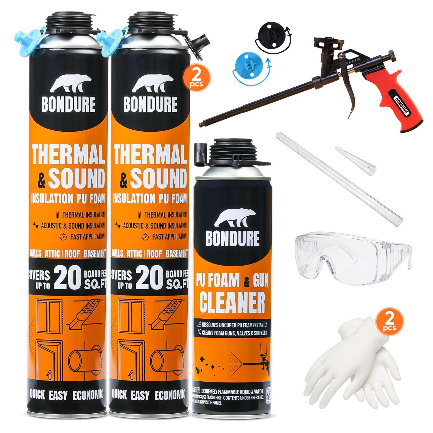 BONDURE Spray Foam Insulation Kit, 40 Sq.Ft. (2x27.1 oz.) Closed Cell Spray Foam for Attic & Walls, Reduces Energy Bills, Spray Foam Gun Cleaner &