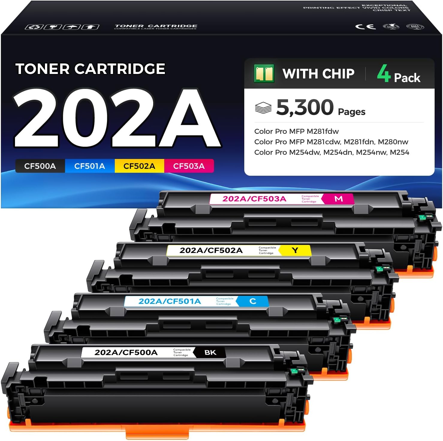202A Toner Cartridge Set 4-Pack High Yield Replacement for HP 202A CF500A CF501A CF502A CF503A Compatible with HP Color LaserJet Pro MFP M281fdw M281cdw M281fdn M280nw M254dw M254dn M254nw Printer Ink