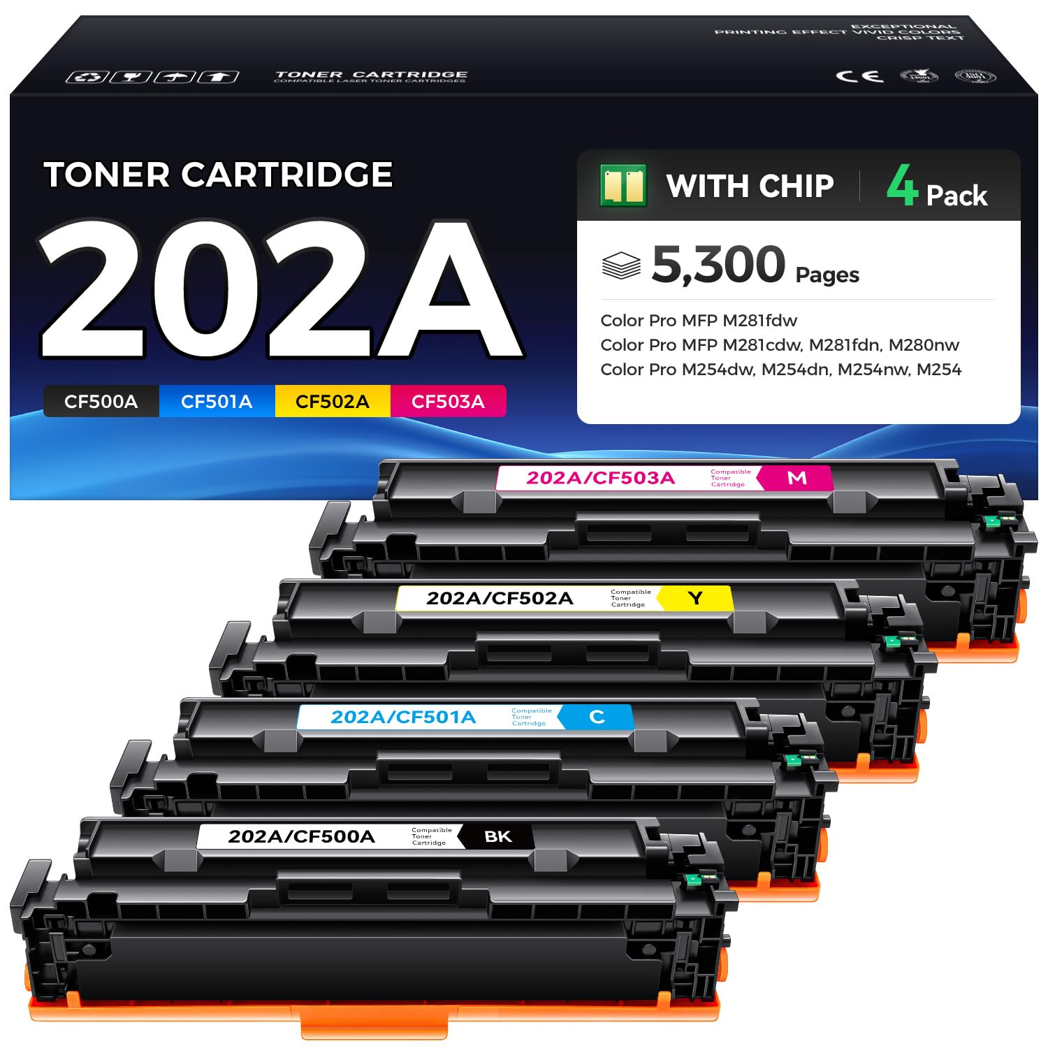 202A Toner Cartridge Set 4-Pack High Yield Replacement for HP 202A CF500A CF501A CF502A CF503A Compatible with HP Color LaserJet Pro MFP M281fdw M281cdw M281fdn M280nw M254dw M254dn M254nw Printer Ink