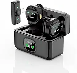 Microfone Lapela Duplo Sem fio A gold – Redução de Ruído, Case Carregador, Tipo C compatível com Android/Iphone 15/16/17, kit com 2 microfones, com display