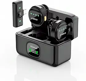 Microfone Lapela Duplo Sem fio A gold – Redução de Ruído, Case Carregador, Tipo C compatível com Android/Iphone 15/16/17, kit com 2 microfones, com display