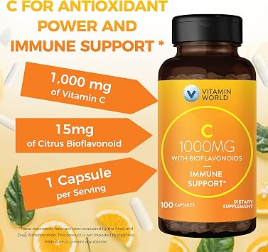 Vitamin World Vitamin C 1000 mg with Bioflavonoids, Immune Support, Antioxidant Protection, Vitamin C Supplement for Collagen Production, Bone & Skin Health, Gluten Free, 100 Capsules