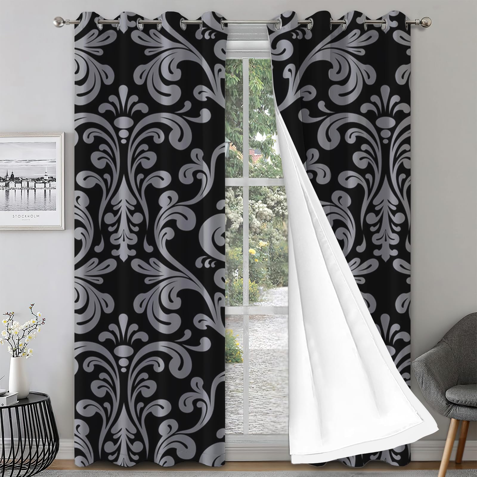 Cortinas Niño Niña Habitacion Opacas Con Ojales 2 Piezas 3D Patrón De Hierba Rizada Retro En Negro Y Gris Patrón 264X214Cm（An X Al）Cortinas Termicas Aislantes Frio Y Calor Salón Dormitorio Ventana