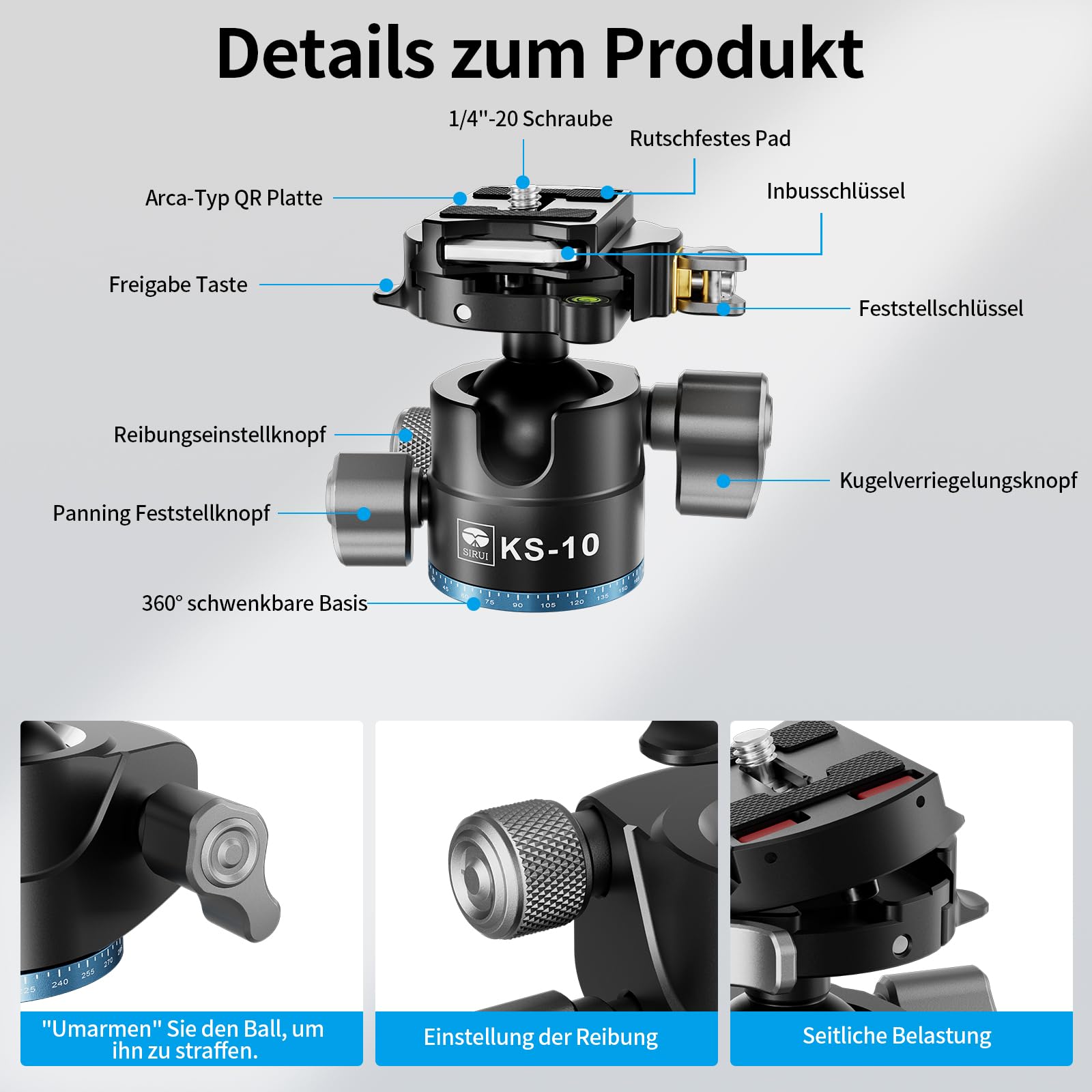 SIRUI KS-10 Kugelkopf Low Profile für Stativ, 29 mm 360° Panorama Aluminium Stativkopf für Kamera, Camcorder, Kugelkopf für Stativ, Einbeinstativ, Maximale Belastbarkeit 15 kg