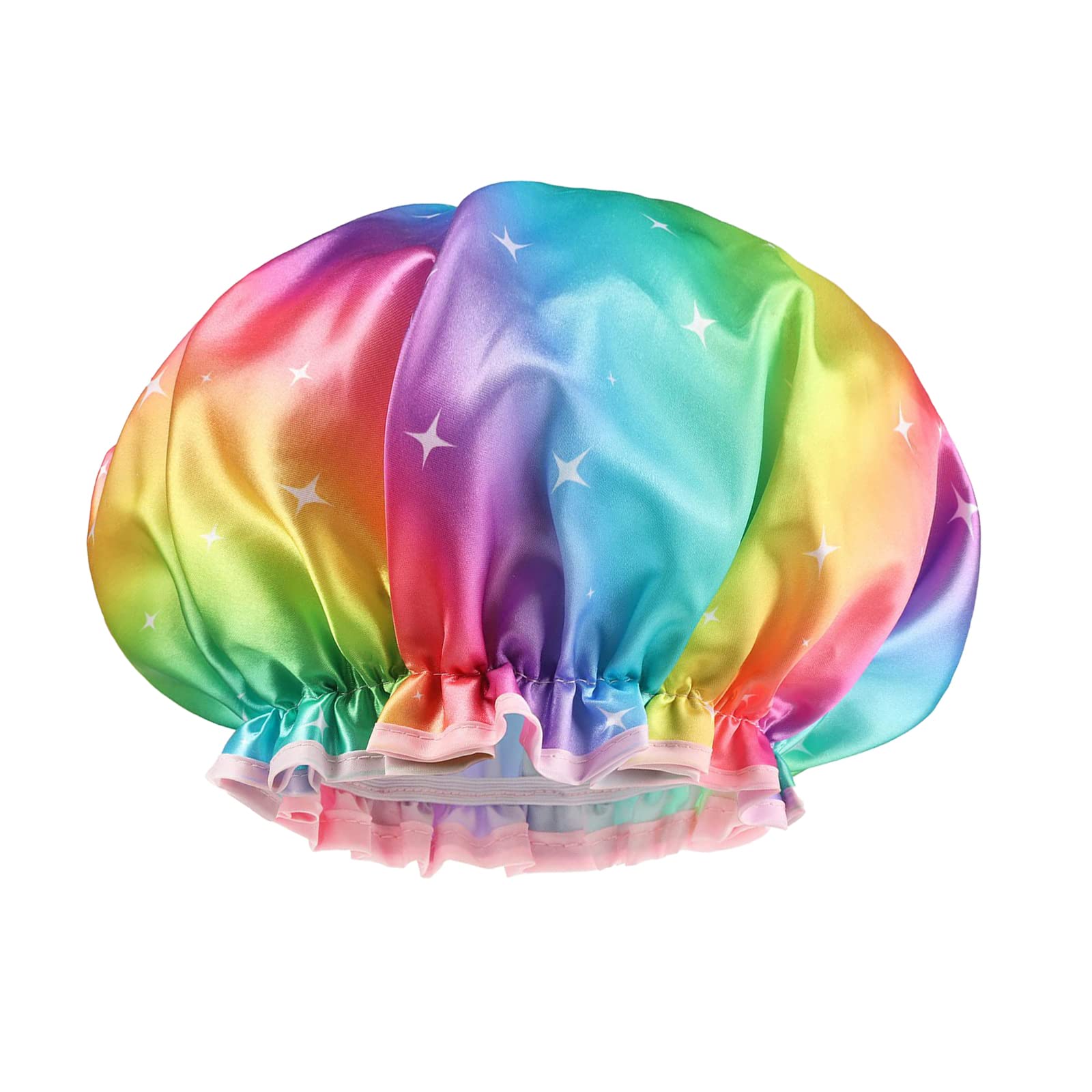 Juformin Shower Caps, Reusable Shower Bath Caps, Double Layer Waterproof Hair Caps, Elastic Band Bathing Shower Hair Caps, Bright Colors Lace Shower Cap (rainbow star)