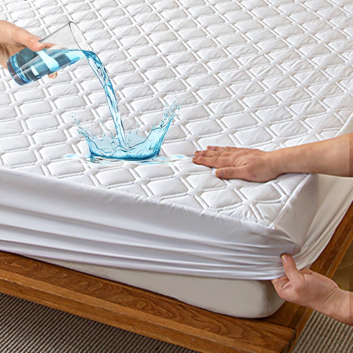Highdi Waterproof Mattress Protector King Bed-Deep Fitted Stretch Skirt, Quilted Anti-Allergy Noiseless Mattress Cover, White Breathable Bed Cover Machine Washable 150x200cm — image 1