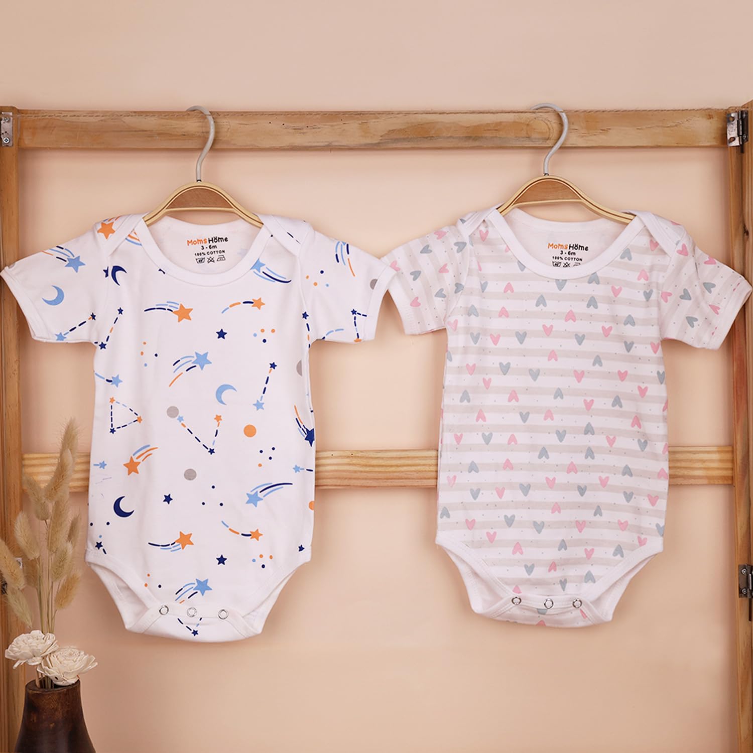MOM'S HOME Organic Cotton Baby Half Sleeve Onesie | Pack of 2 (Galaxy & Little Hearts, 0-3 Months) 1
