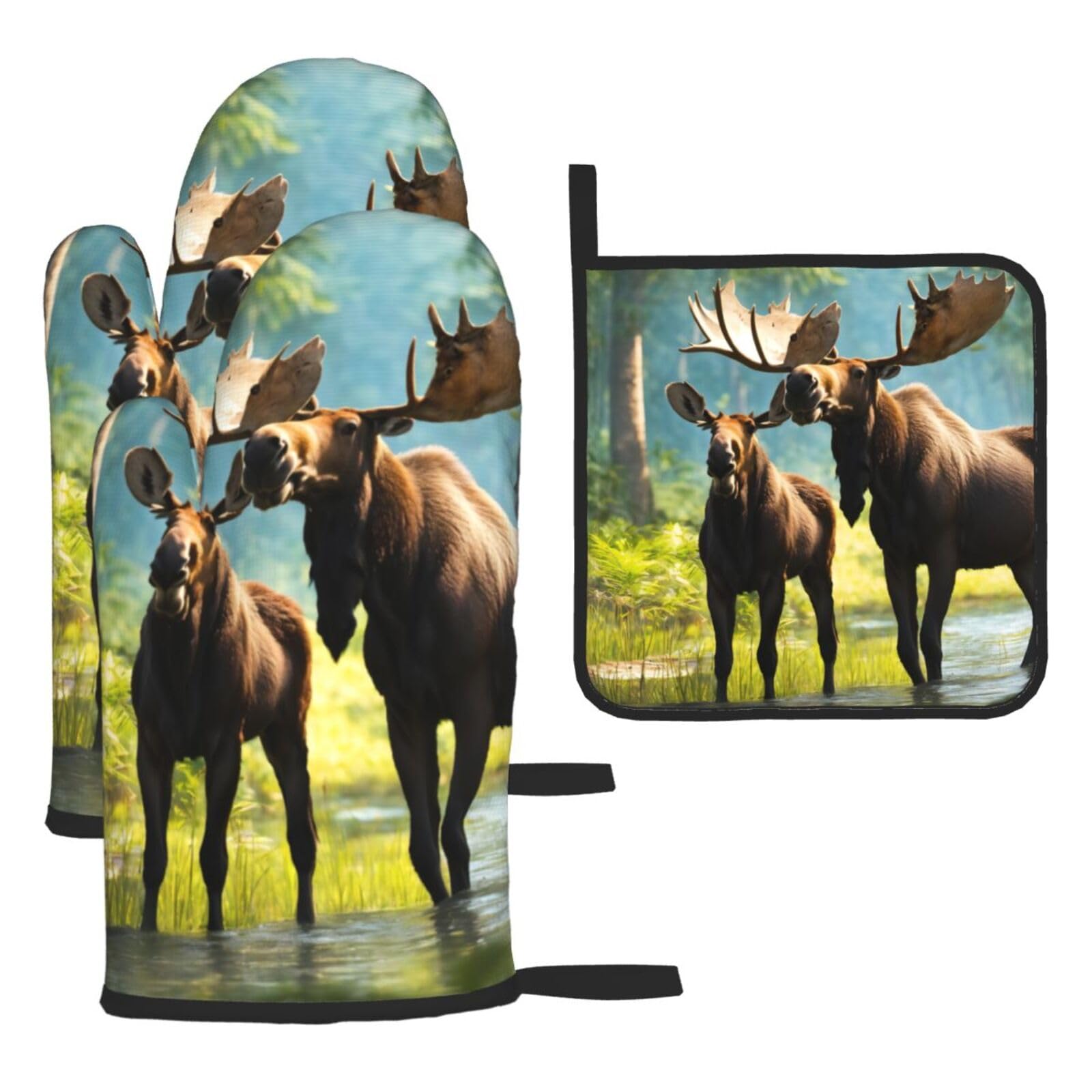 Deer Bear Moose Print Oven Kitchen Gloves For Baking Outdoor Grilling Home Use Mitts Microwaving Bbq