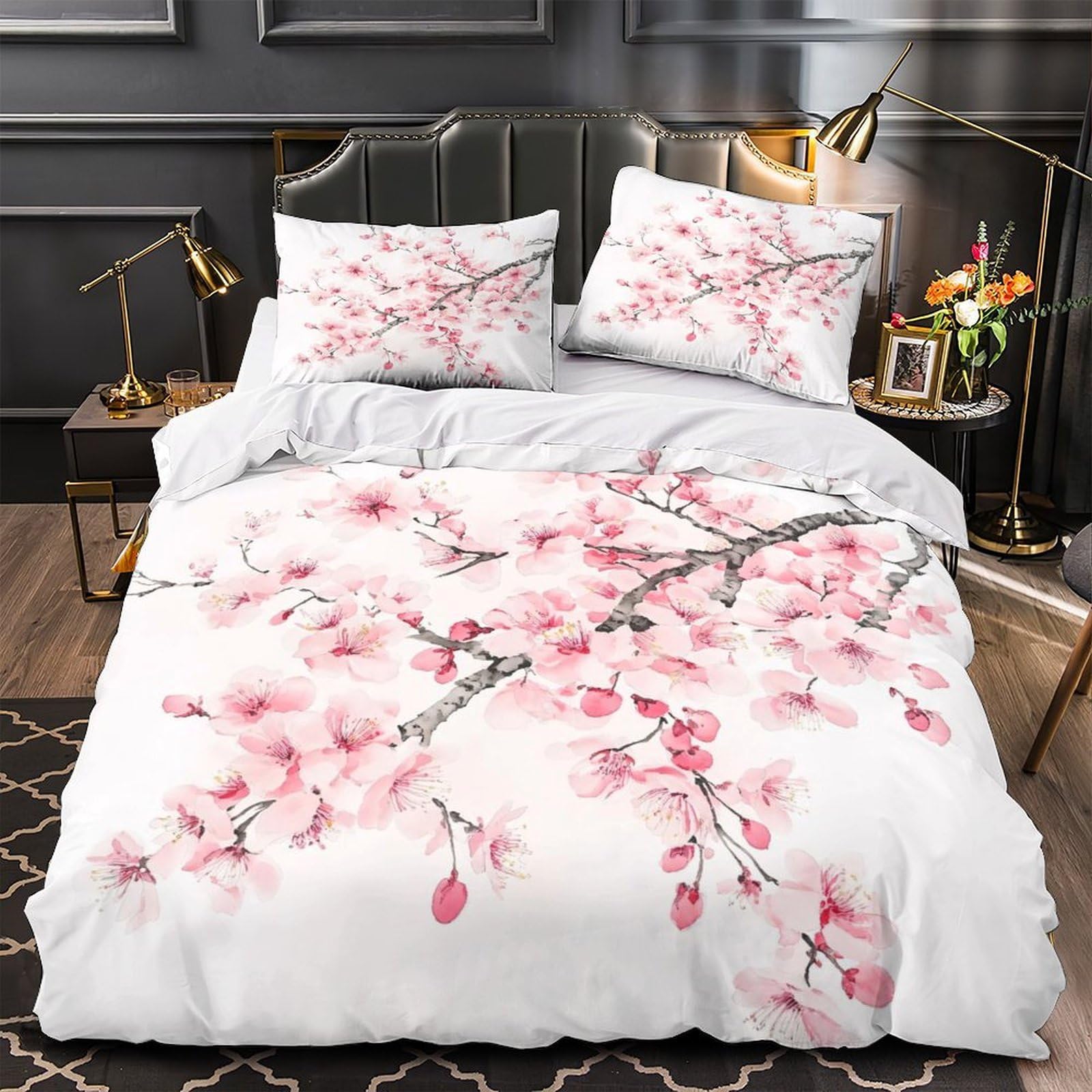 Housse de Couette Fleurs de Cerisier 200x200cm Microfibres avec 2 Taies d'Oreiller