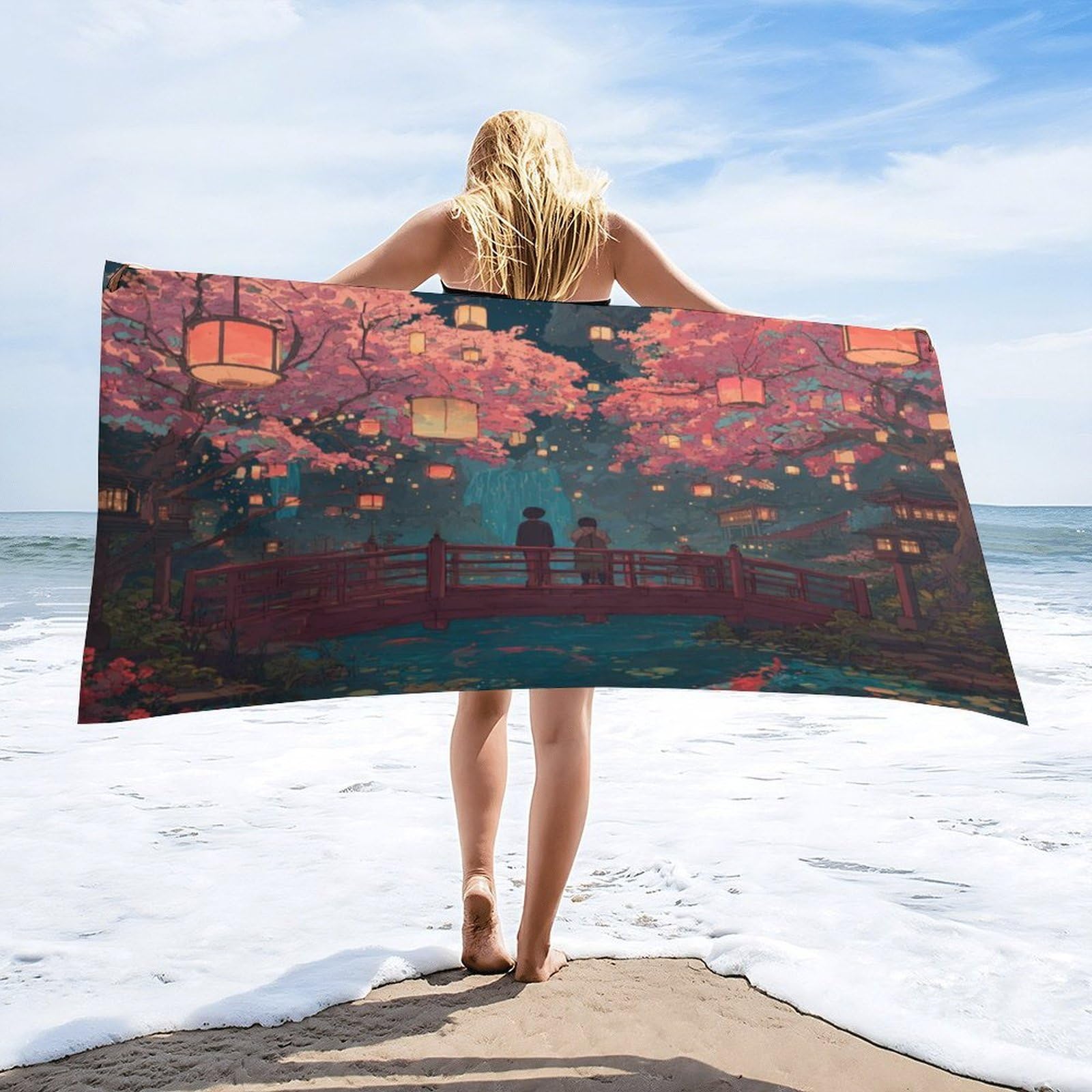 Luyysky Fantasy Romantic Japanese Geisha Quick-Drying Beach Towel, Vintage Anime Plant Cherry Blossoms Animal Fish Travel Vacation Single Sided Pile Bathroom Towels-80 W Cm X 160" L Cm