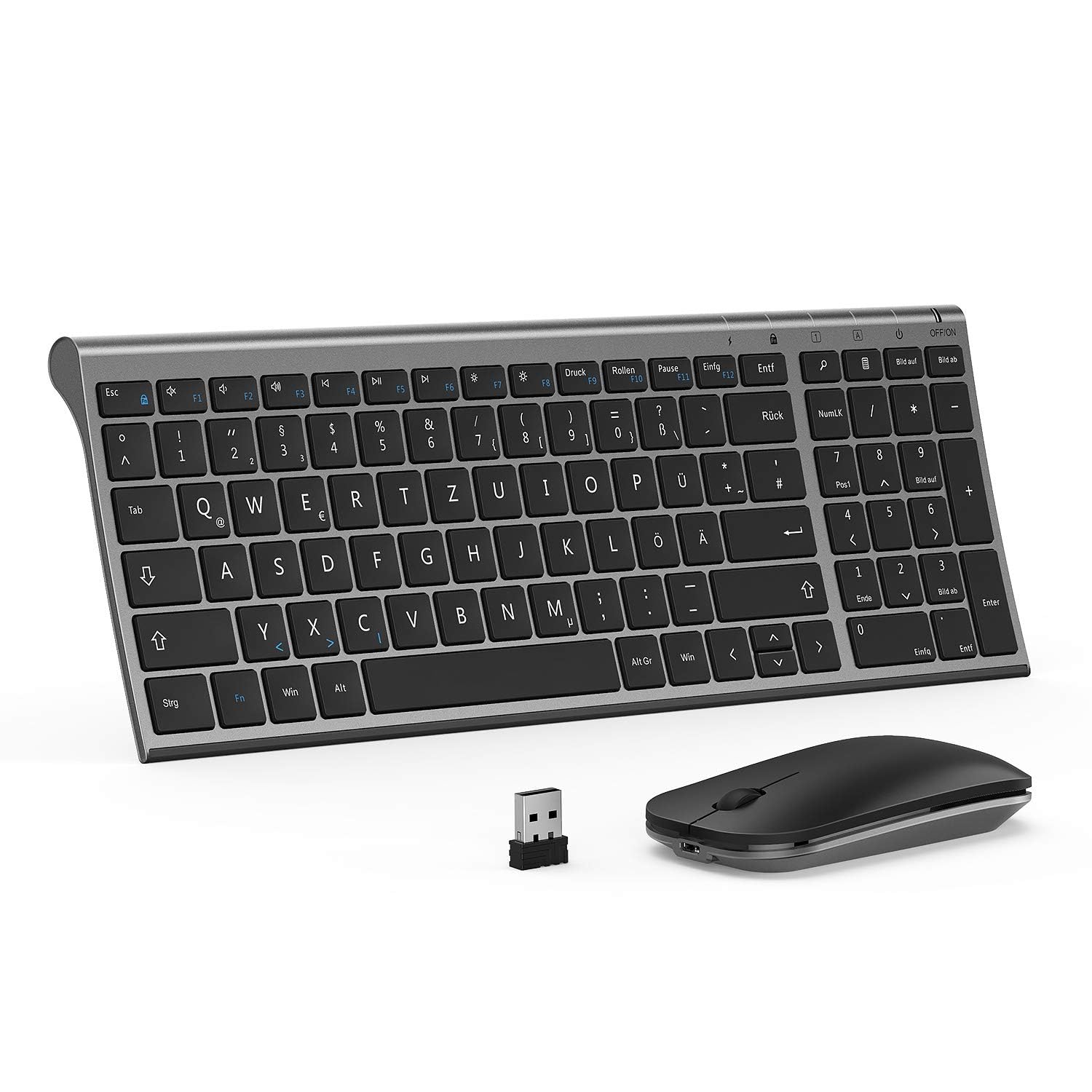 seenda WGJP-031B Ensemble clavier souris sans fil rechargeable en aluminium avec clavier sans fil compact et ultra fin avec souris pour PC/ordinateur portable/Smart TV, disposition QWERTZ (gris)