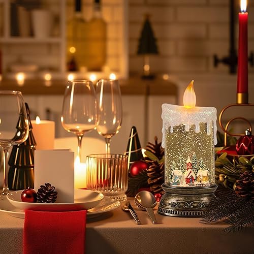 Miniatura 8 de Vela de globo de nieve de Navidad con temporizador y música, escena de cabina nevada, linterna de nieve con forma de vela brillante, linterna de