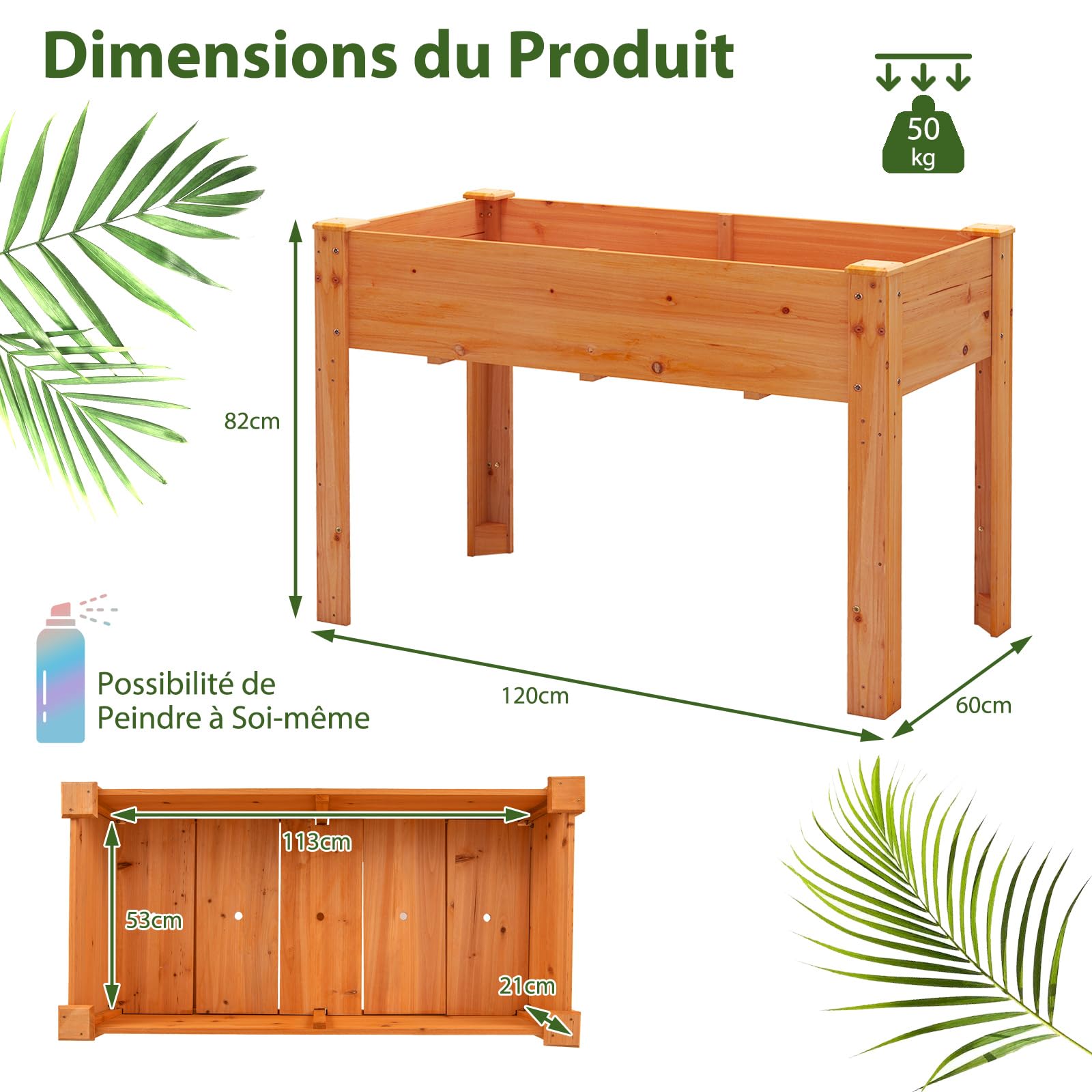 GOPLUS Carré Potager sur Pieds en Bois de Sapin, Jardinière Surélevée Extérieure avec Trou de Drainage, pour Fleurs, Légumes et Fruits, 120,5x60,5x81,5CM (Orange)