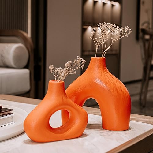 Juego de 2 jarrones de cerámica para decoración del hogar, jarrón decorativo con agujero en el centro para hierba de las pampas, jarrón hueco