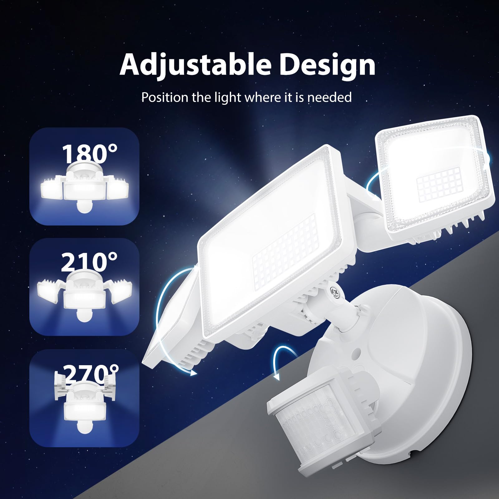 Onforu 55W Foco de Seguridad con Sensor de Movimiento, 3 Cabezas 5000 LM Foco Exterior LED, IP65 Impermeable Proyector Foco LED con Detector, 6500 K Blanco Frío para Jardín, Patio, Garaje, Entrada