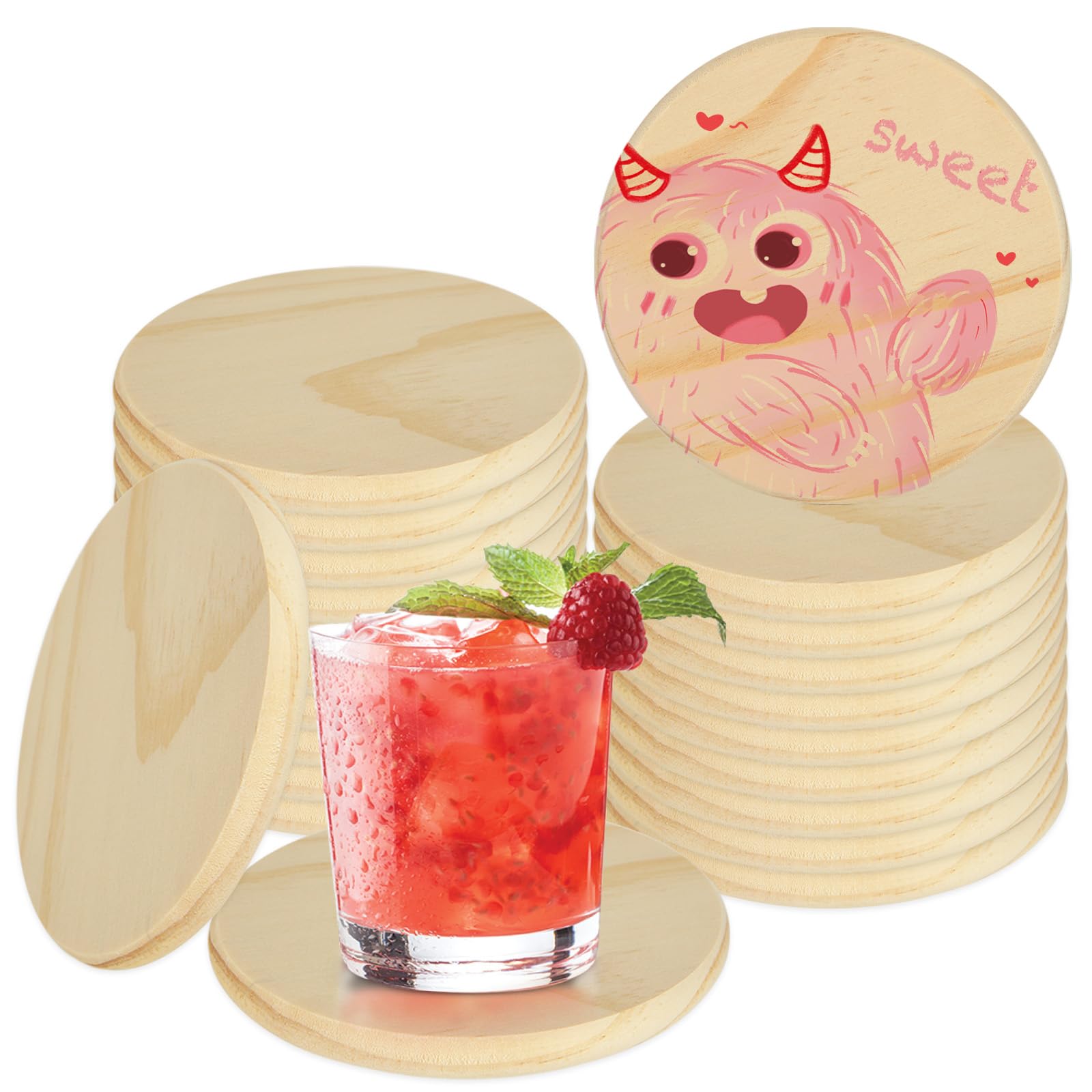 20 Pcs Unfinished Round Wood Coasters, 4 Inch Blank Round Wooden Coasters, Blank Coasters Wood Kit for DIY Stained Painting Wood Engraving Home Decoration