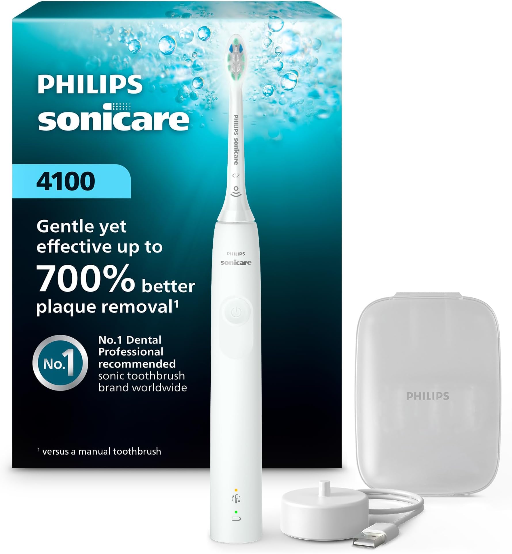 Philips Sonicare 4100 Power Toothbrush, White, Plus Brush Head Case