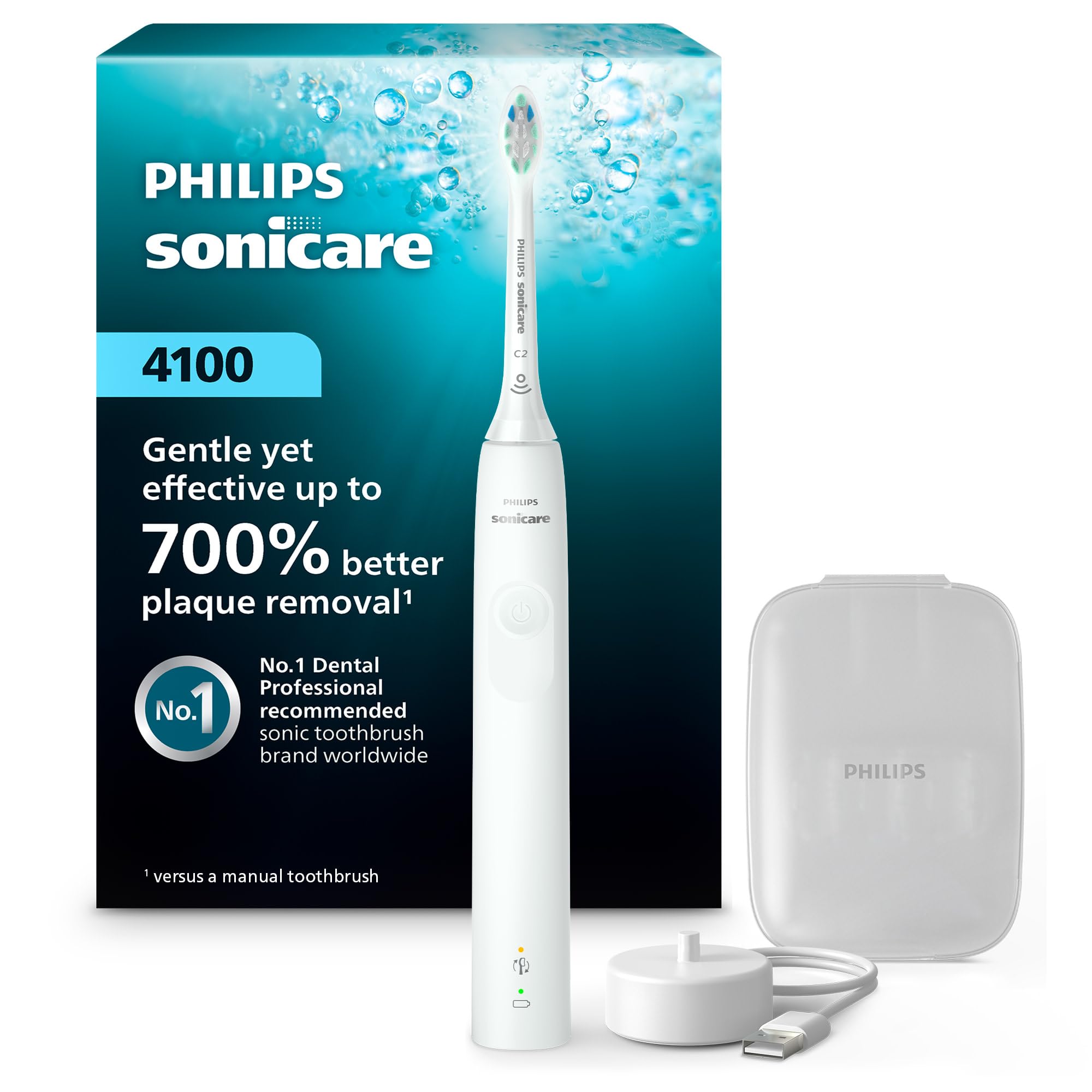 Philips Sonicare 4100 Rechargeable Electric Toothbrush, Advanced Plaque Removal, Pressure Sensor, Includes Brush Head Case, White BD5002AZ