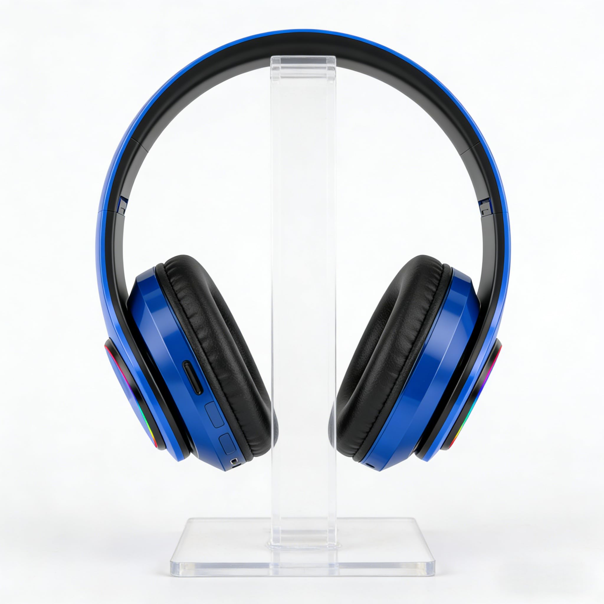 Cuffie wireless Bluetooth con luci colorate, grande capacità della batteria, pieghevoli, Bluetooth 5.0, portata 10 m, stereo surround, microfono integrato, comode orecchie fissate (blu)