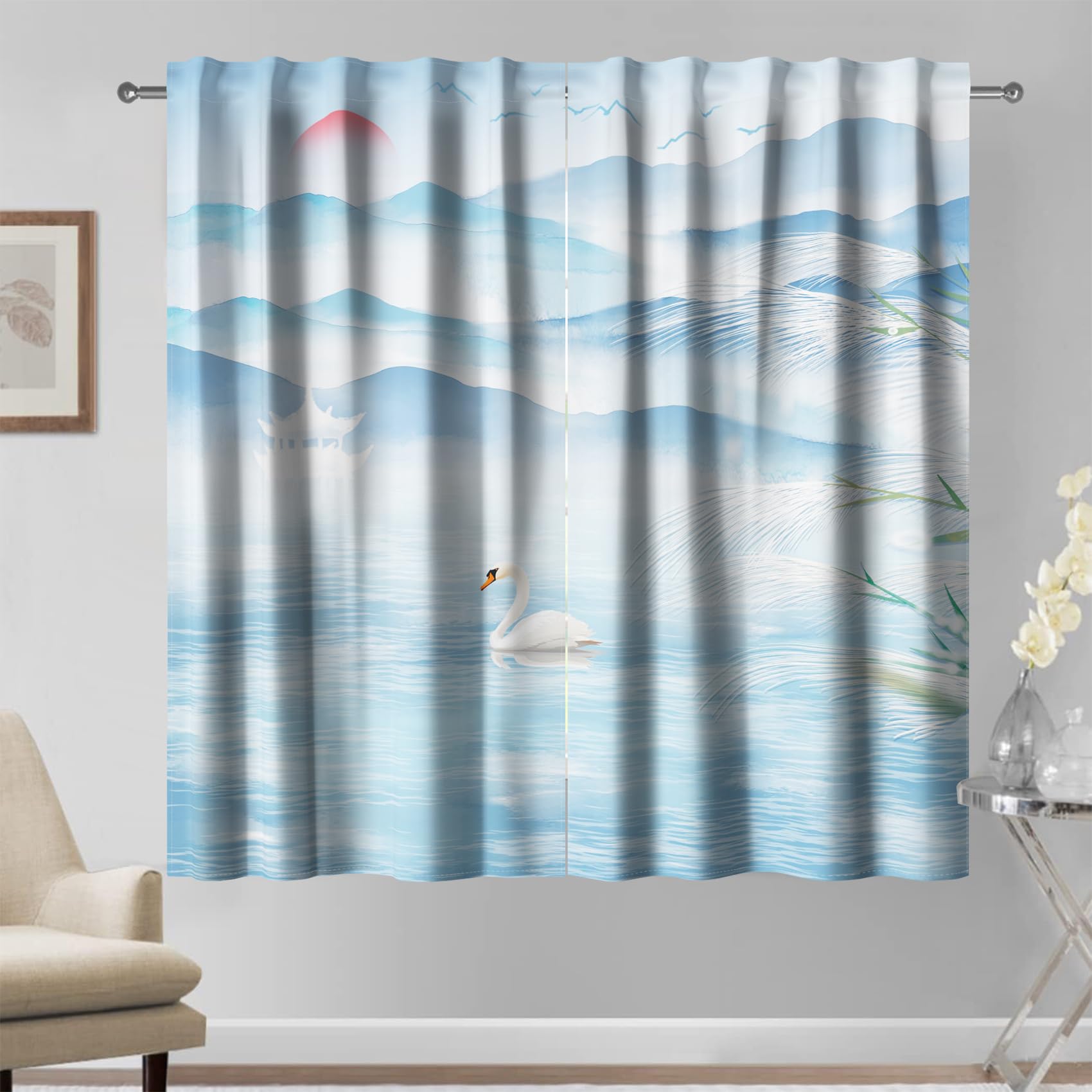 Kzzfqxb 117x229cm Traditional Chinese Painting Curtains 2 Panels, Rod Pocket Nature Scenery Light Blue Mountains White Swan in River Curtain, Light Filtering Window Decor for Living Room Bedroom