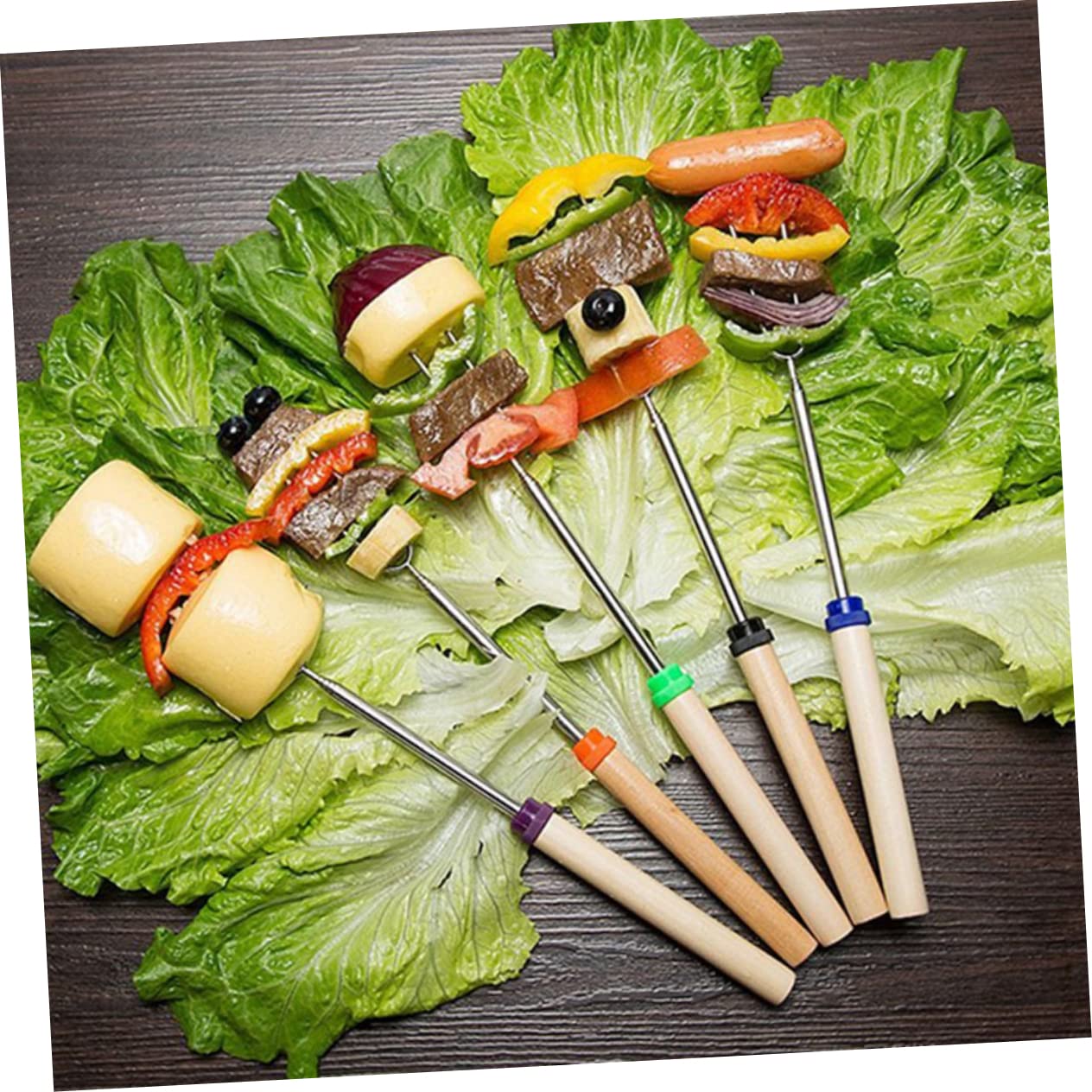 JECOMPRIS 1Pc Stainless Steel Telescoping Hot Dog Roasting Fork with Wooden Handle Extendable Marshmallow Skewers for Safe Outdoor Cooking for Family Bbqs Random Color