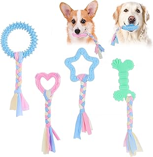 Molain Puppy Chew Toys for Teething - 4 Pieces Rubber with Interactive Cotton Ropes, Cute Pink Dog Toy product image