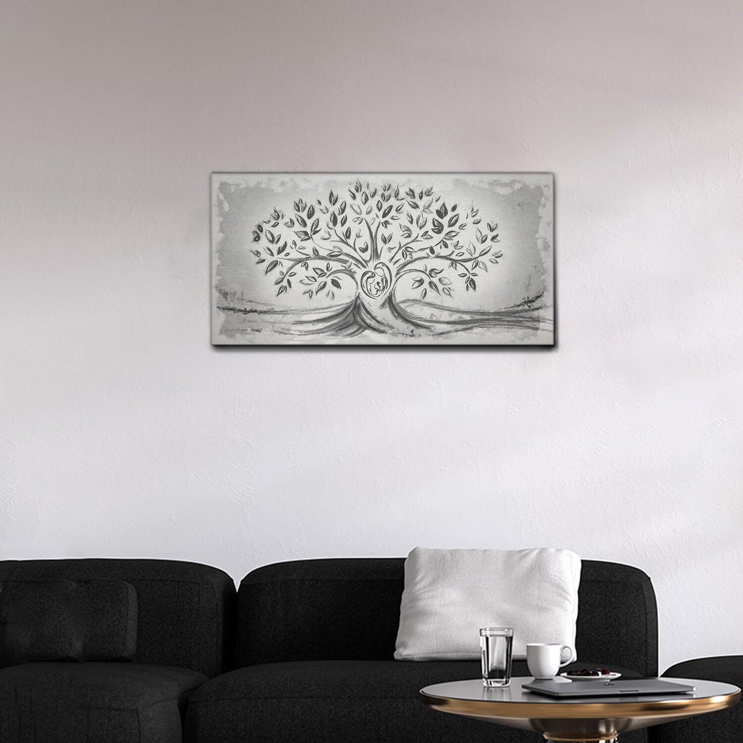Giallobus - Quadro - 03 - Capezzale Moderno - Sacra Famiglia e Albero della Vita - Black&Gray - Tela Canvas Telaio Standard - 100x50 - Pronto da Appendere - Quadri Moderni per la casa