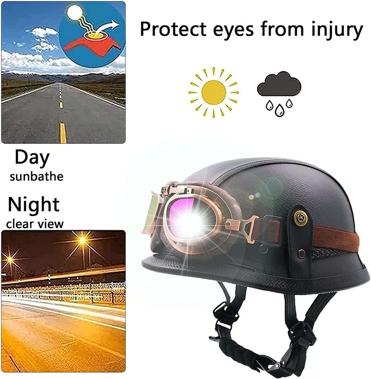 Niemiecki styl kask dla dorosłych pół kask Retro motocykl otwarta twarz kask motorower DOT zatwierdzony dla Cruiser motorower Chopper Jet skuter ATV kask, na mężczyzn kobiety (B M=57~58CM)