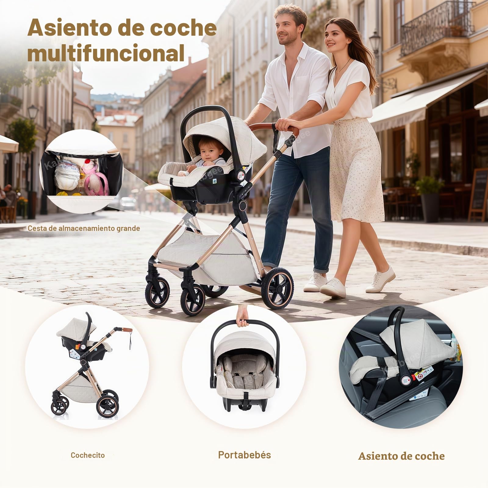 Cochecito 3 en 1 con Silla de Coche, Carrito bebé Plegable, Manillar 7 Alturas, Suspensión 4 Ruedas, Funda de Lluvia y Mosquitera, Sistema de Viaje para Recién Nacidos 0-3 Años (15kg), Beige
