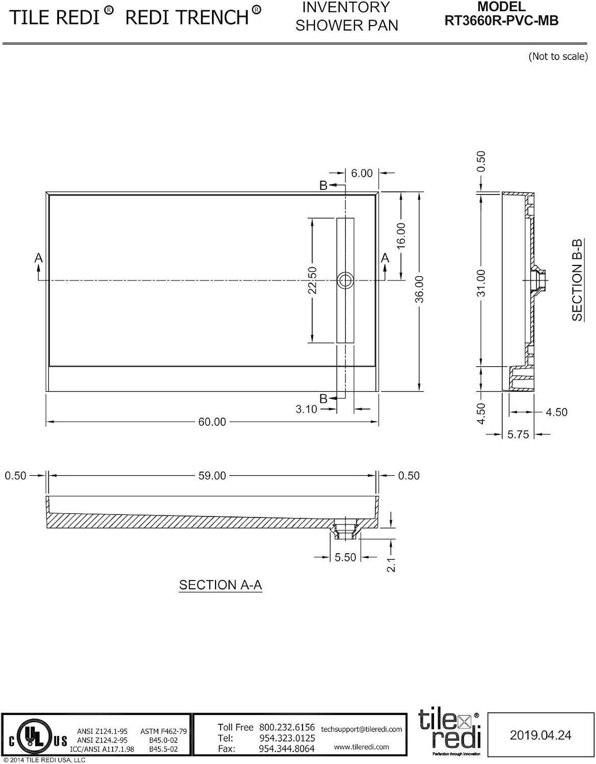 Tile Redi RT3660R-PVC-MB Redi Trench Shower Pan, Matte Black